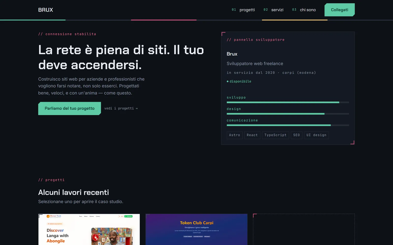 Schermata della home attuale di bruxstudio.it, interfaccia scura in stile videogioco
