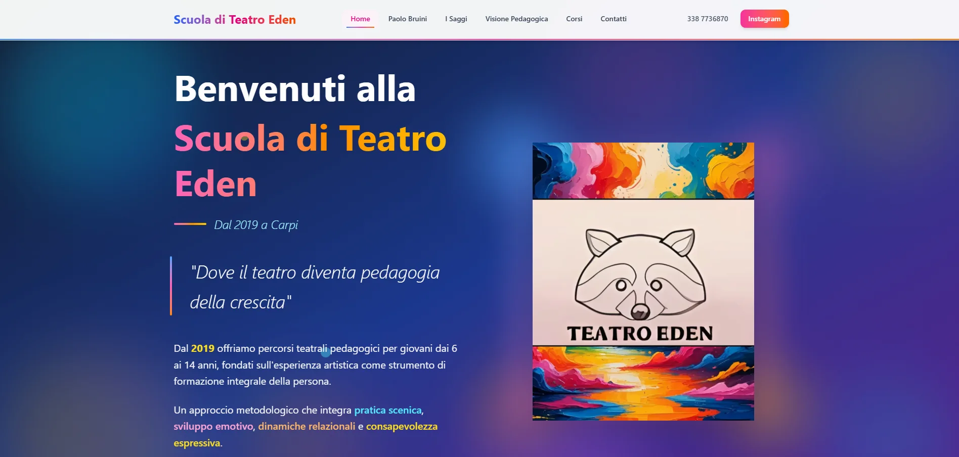 Schermata della demo landing page della scuola di teatro Eden