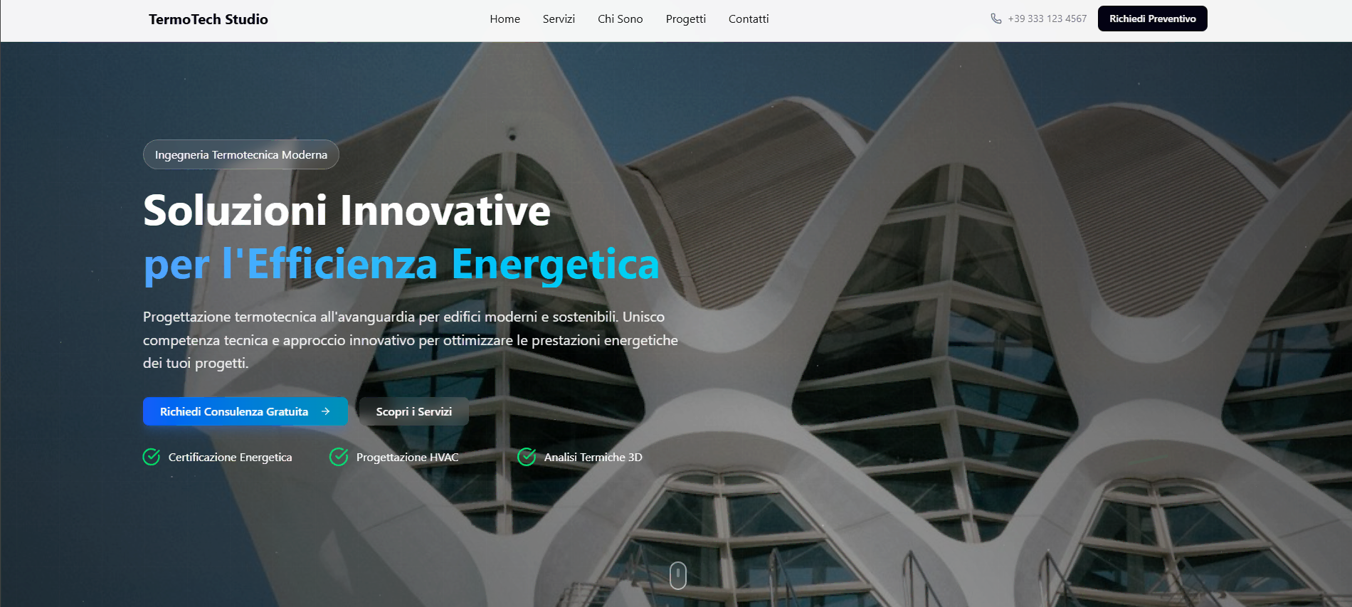 Schermata della demo landing page dello studio termoenergetico TermoTech